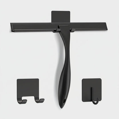 Stainless steel shower squeegee featuring a silicone blade for streak-free cleaning, designed with an ergonomic handle and includes adhesive hooks for easy storage. 0
