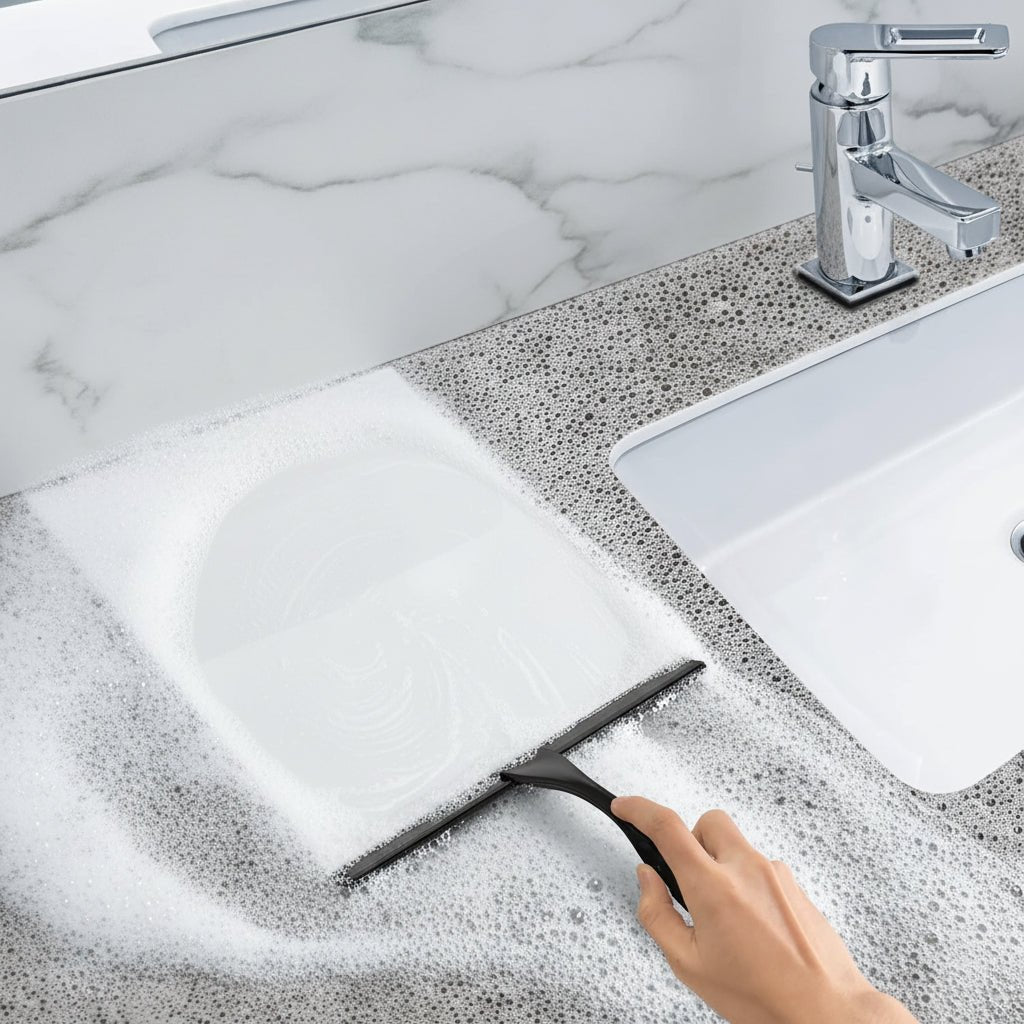 Stainless steel shower squeegee featuring a silicone blade for streak-free cleaning, designed with an ergonomic handle and includes adhesive hooks for easy storage. 3