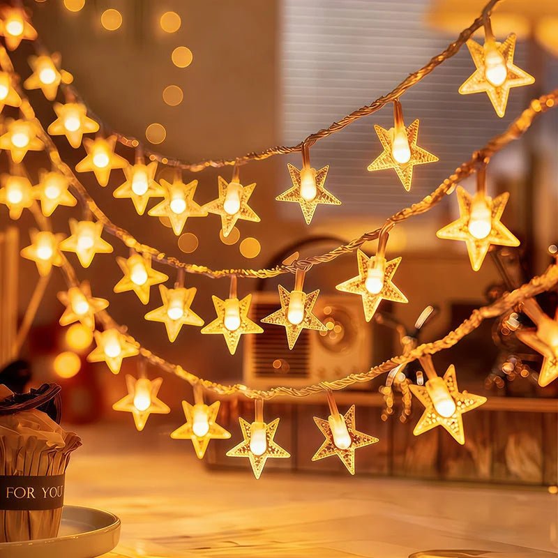 Multi-color LED star fairy string lights powered by batteries, perfect for adding a whimsical touch to any indoor or outdoor space. 0