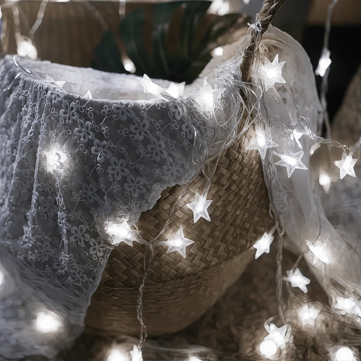 Multi-color LED star fairy string lights powered by batteries, perfect for adding a whimsical touch to any indoor or outdoor space. 5