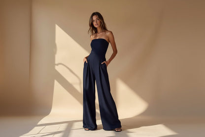 Strapless jumpsuit featuring a corset design, perfect for elegant evening wear, crafted from high-quality fabric in a modern style. 0