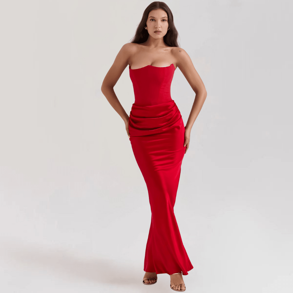 Strapless satin evening gown featuring a corset fit, elegantly designed for a floor-length formal look, perfect for special occasions and evening events. 6