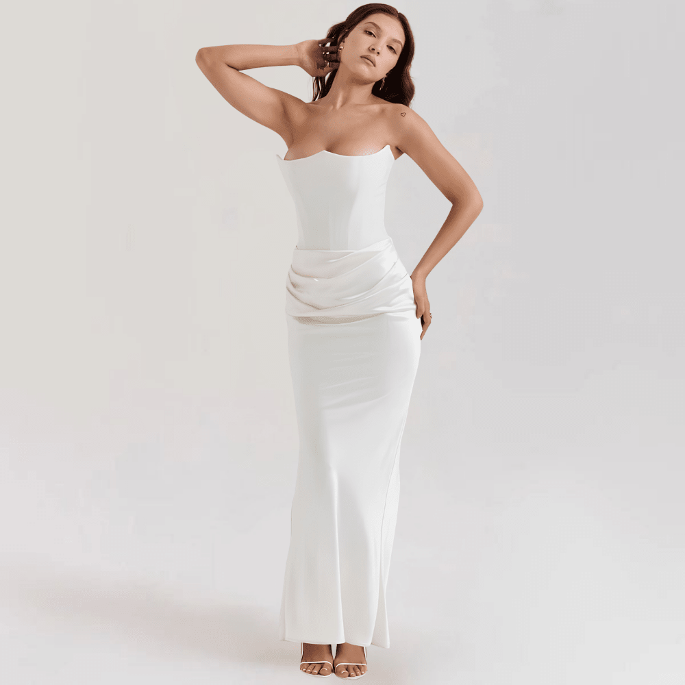 Strapless satin evening gown featuring a corset fit, elegantly designed for a floor-length formal look, perfect for special occasions and evening events. 4