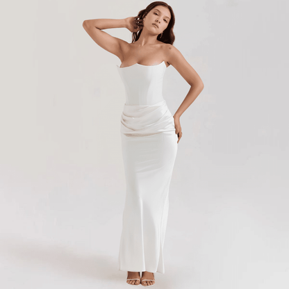 Strapless satin evening gown featuring a corset fit, elegantly designed for a floor-length formal look, perfect for special occasions and evening events. 4