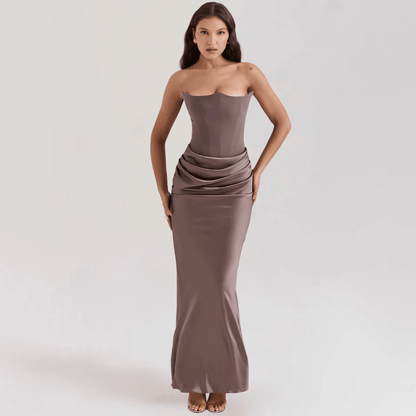 Strapless satin evening gown featuring a corset fit, elegantly designed for a floor-length formal look, perfect for special occasions and evening events. 0