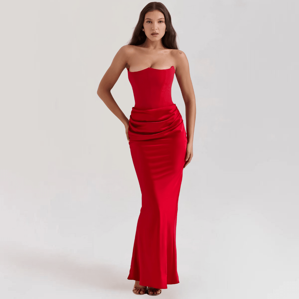 Strapless satin evening gown featuring a corset fit, elegantly designed for a floor-length formal look, perfect for special occasions and evening events. 5