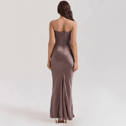 Strapless satin evening gown featuring a corset fit, elegantly designed for a floor-length formal look, perfect for special occasions and evening events. 2