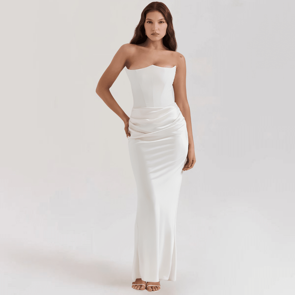 Strapless satin evening gown featuring a corset fit, elegantly designed for a floor-length formal look, perfect for special occasions and evening events. 3
