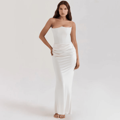 Strapless satin evening gown featuring a corset fit, elegantly designed for a floor-length formal look, perfect for special occasions and evening events. 3