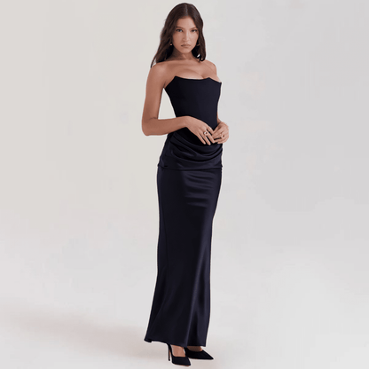 Strapless satin evening gown featuring a corset fit, elegantly designed for a floor-length formal look, perfect for special occasions and evening events. 8