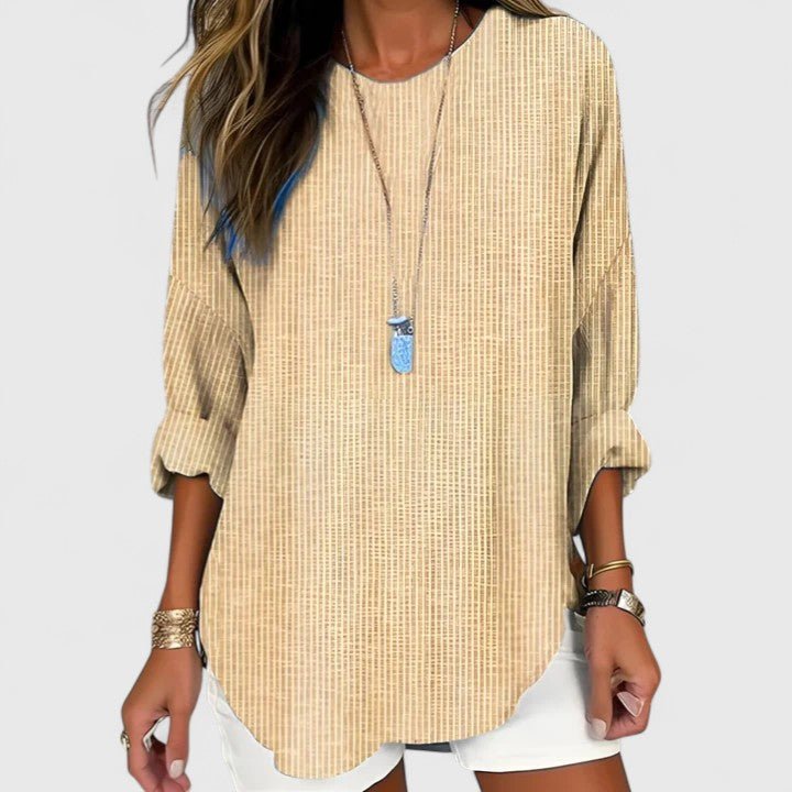 Lightweight summer striped blouse for women featuring a versatile crew neck design, perfect for casual or dressy occasions. 1