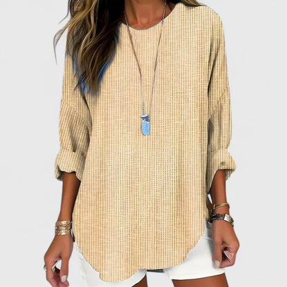 Lightweight summer striped blouse for women featuring a versatile crew neck design, perfect for casual or dressy occasions. 1