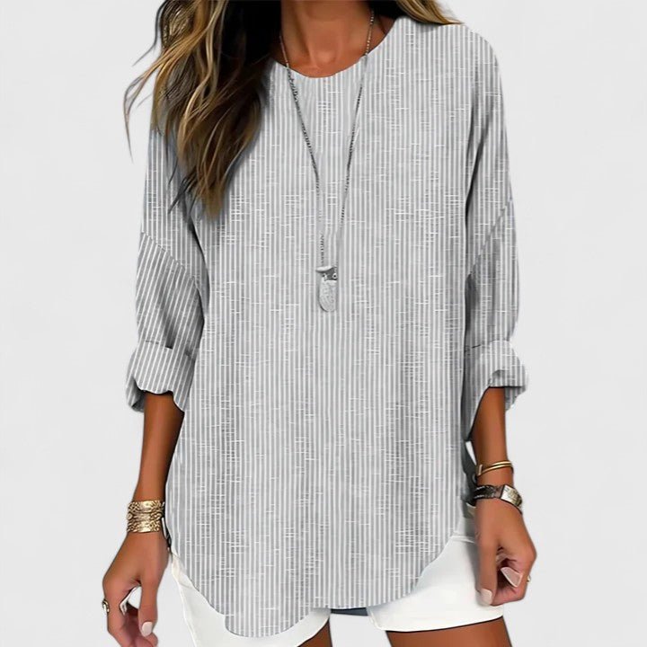 Lightweight summer striped blouse for women featuring a versatile crew neck design, perfect for casual or dressy occasions. 2