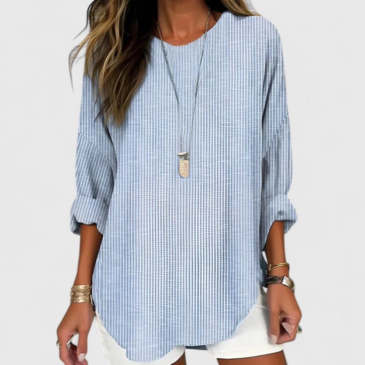 Lightweight summer striped blouse for women featuring a versatile crew neck design, perfect for casual or dressy occasions. 0