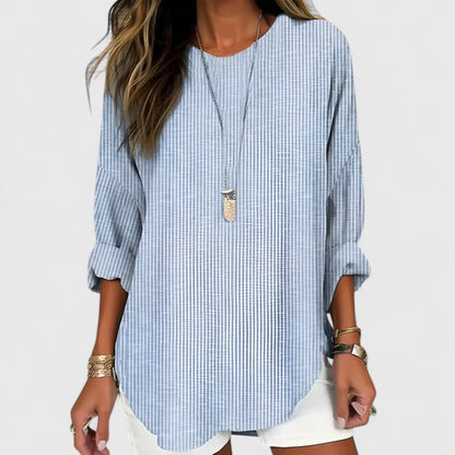Lightweight summer striped blouse for women featuring a versatile crew neck design, perfect for casual or dressy occasions. 0