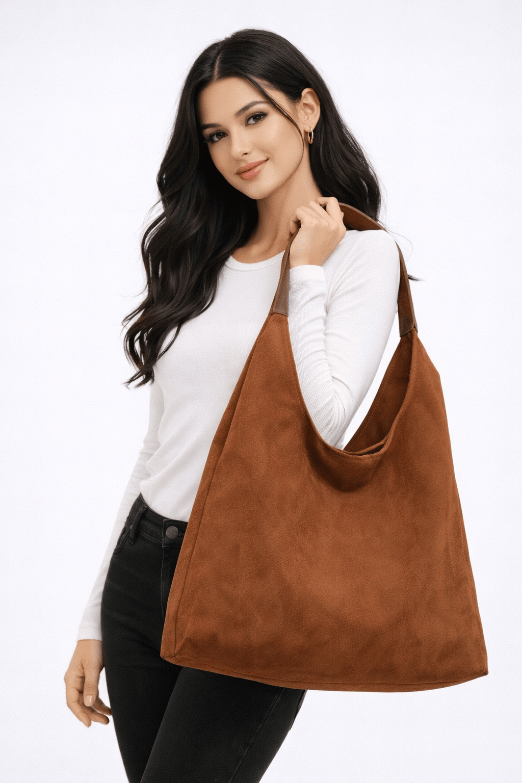 Suede look shoulder bag with adjustable strap, featuring a trendy and spacious design suitable for everyday use. 1