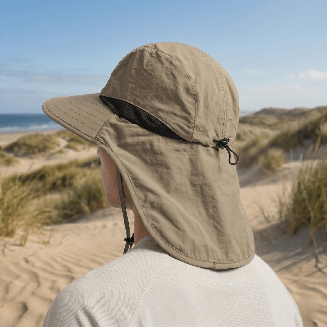 Sun Hat with full-length neck flap and wide brim, made of nylon, offering UPF 50+ protection for outdoor activities like hiking, fishing, 2