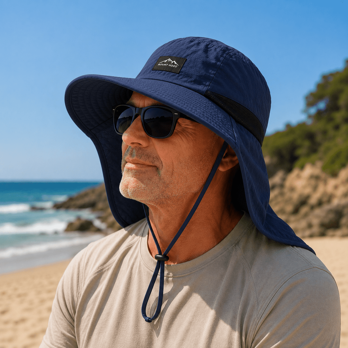 Sun Hat with full-length neck flap and wide brim, made of nylon, offering UPF 50+ protection for outdoor activities like hiking, fishing, 10