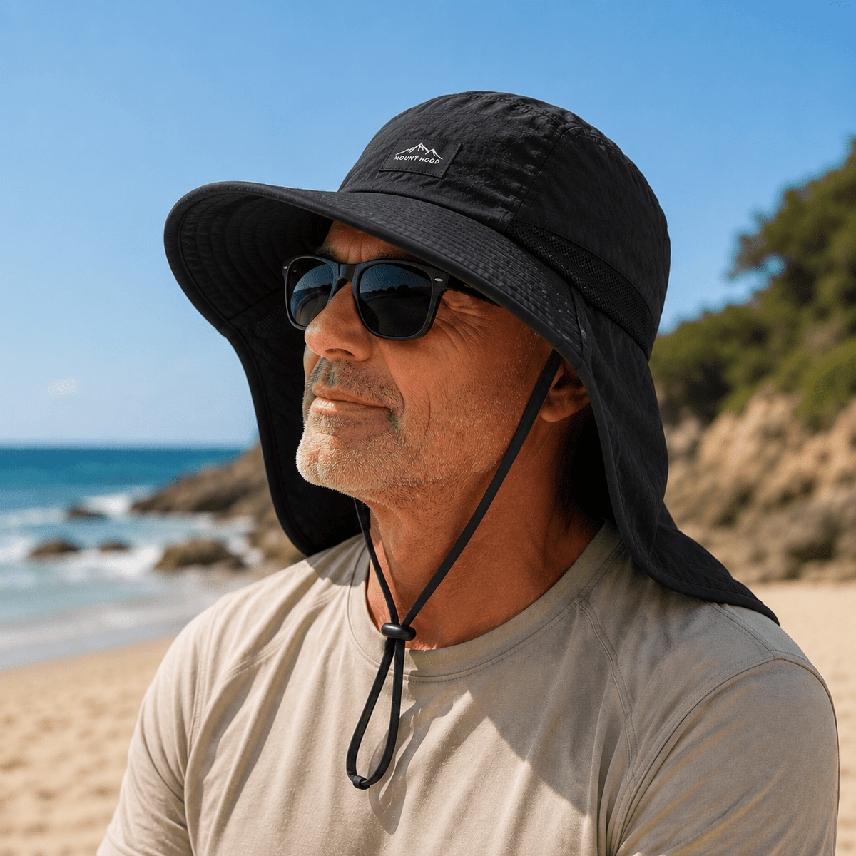 Sun Hat with full-length neck flap and wide brim, made of nylon, offering UPF 50+ protection for outdoor activities like hiking, fishing, 8