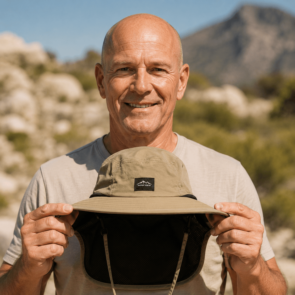 Sun Hat with full-length neck flap and wide brim, made of nylon, offering UPF 50+ protection for outdoor activities like hiking, fishing, 1