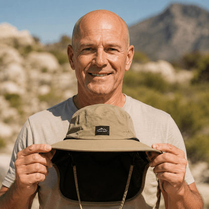 Sun Hat with full-length neck flap and wide brim, made of nylon, offering UPF 50+ protection for outdoor activities like hiking, fishing, 1