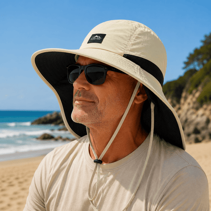 Sun Hat with full-length neck flap and wide brim, made of nylon, offering UPF 50+ protection for outdoor activities like hiking, fishing, 9