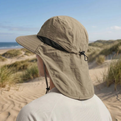 Sun hat with wide brim and neck flap, made of breathable nylon, offering UPF 50+ sun protection for outdoor activities. 2