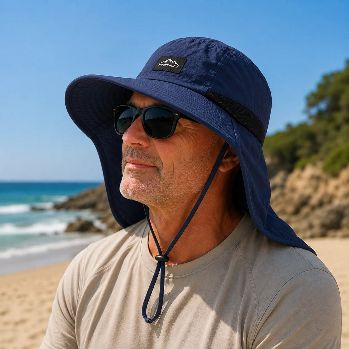 Sun hat with wide brim and neck flap, made of breathable nylon, offering UPF 50+ sun protection for outdoor activities. 10