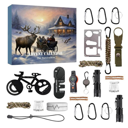 Survival Tools Advent Calendar featuring 24 essential outdoor gear items for camping and hiking, designed with durable metal and ABS construction for reliability in outdoor adventures. 7