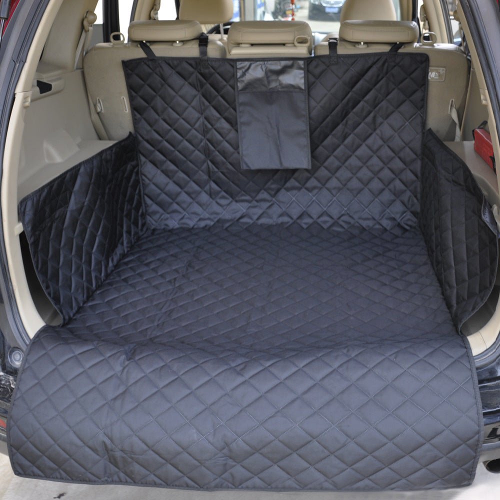 SUV trunk cover for dogs featuring a waterproof non-slip surface, universal fit, and measuring 185cm x 105cm in black color. 3