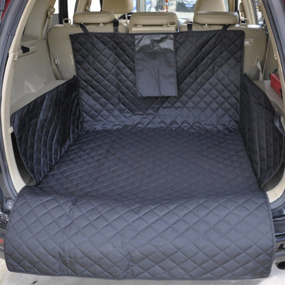 SUV trunk cover for dogs featuring a waterproof non-slip surface, universal fit, and measuring 185cm x 105cm in black color. 3