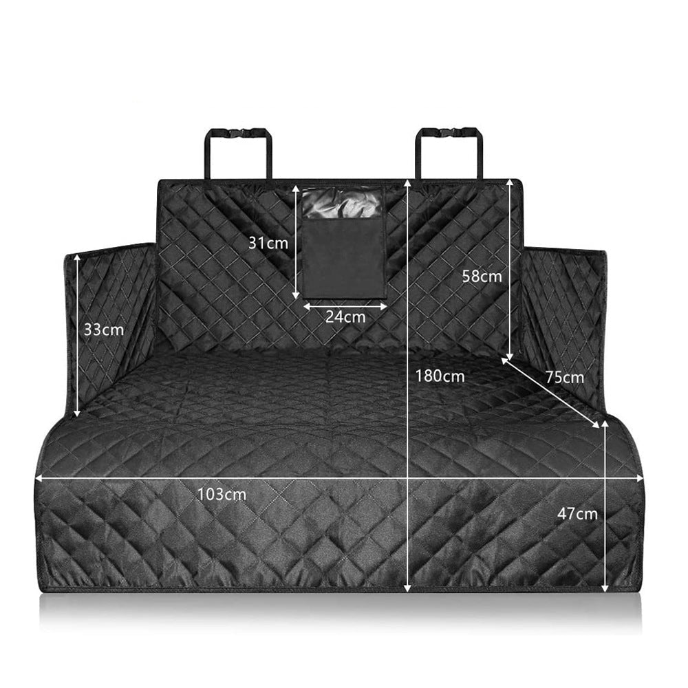 SUV trunk cover for dogs featuring a waterproof non-slip surface, universal fit, and measuring 185cm x 105cm in black color. 1