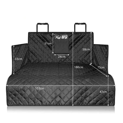 SUV trunk cover for dogs featuring a waterproof non-slip surface, universal fit, and measuring 185cm x 105cm in black color. 1