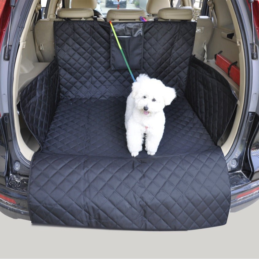 SUV trunk cover for dogs featuring a waterproof non-slip surface, universal fit, and measuring 185cm x 105cm in black color. 2