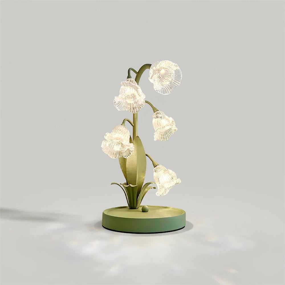 Table lamp featuring a delicate glass petal shade in vibrant colors, supported by a stylish green metal stem, designed for compact spaces at 37cm tall 9
