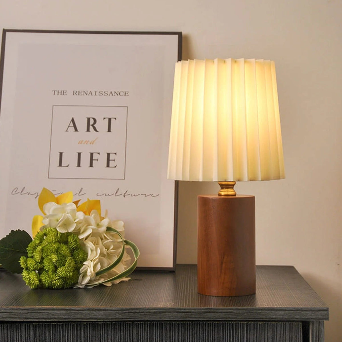 Table lamp featuring a vintage solid wood base, pleated shade, and dual USB/plug-in option, perfect for enhancing bedroom or nightstand decor. 1