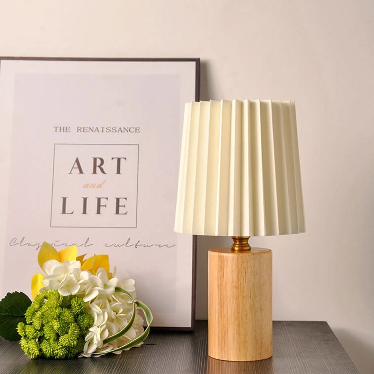 Table lamp featuring a vintage solid wood base, pleated shade, and dual USB/plug-in option, perfect for enhancing bedroom or nightstand decor. 6