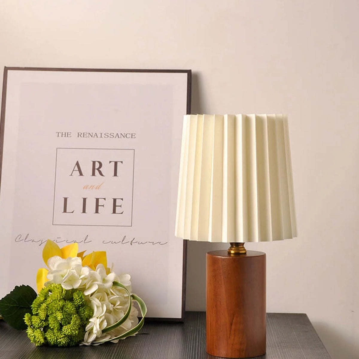 Table lamp featuring a vintage solid wood base, pleated shade, and dual USB/plug-in option, perfect for enhancing bedroom or nightstand decor. 2