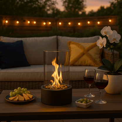 Portable tabletop fireplace featuring a sleek glass and metal design, fueled by bioethanol for an eco-friendly indoor fire experience. 1