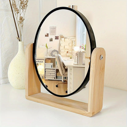 Tabletop makeup mirror featuring a double-sided rotating design with a magnifying side, elegantly framed in natural bamboo, perfect for a stylish vanity setup. 1