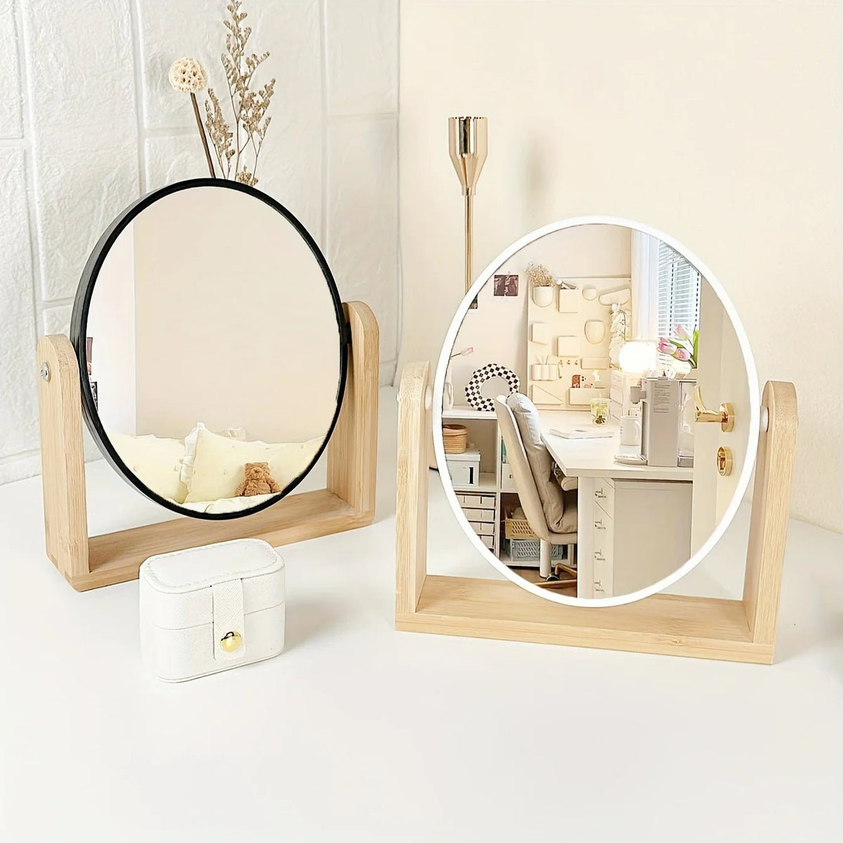 Tabletop makeup mirror featuring a double-sided rotating design with a magnifying side, elegantly framed in natural bamboo, perfect for a stylish vanity setup. 0