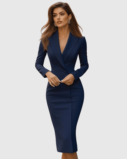 Tailored midi dress featuring a blazer-inspired silhouette, crafted from elegant stretch fabric, perfect for formal events. 7