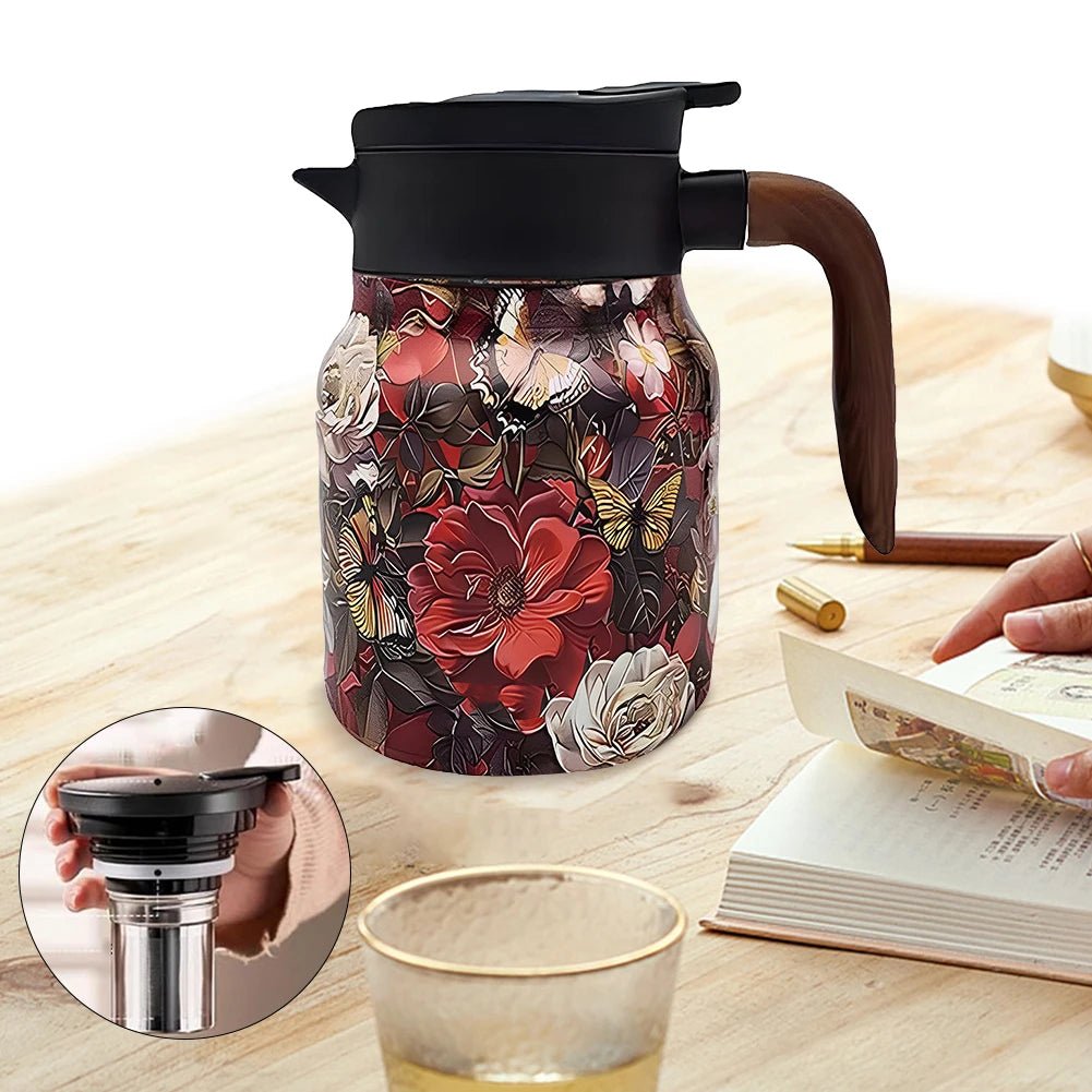 Thermos with infuser for hot tea, made of stainless steel, featuring a spill-resistant design and travel-friendly portability. 9