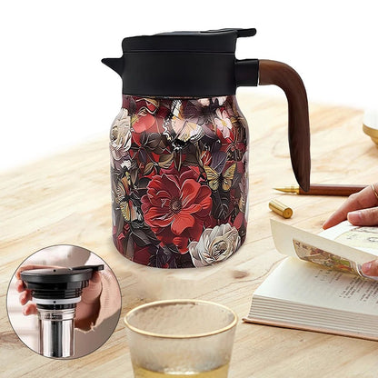 Thermos with infuser for hot tea, made of stainless steel, featuring a spill-resistant design and travel-friendly portability. 9