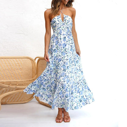 Tiered maxi dress featuring an adjustable halter neckline, made from lightweight breathable fabric, perfect for both casual and formal occasions. 10