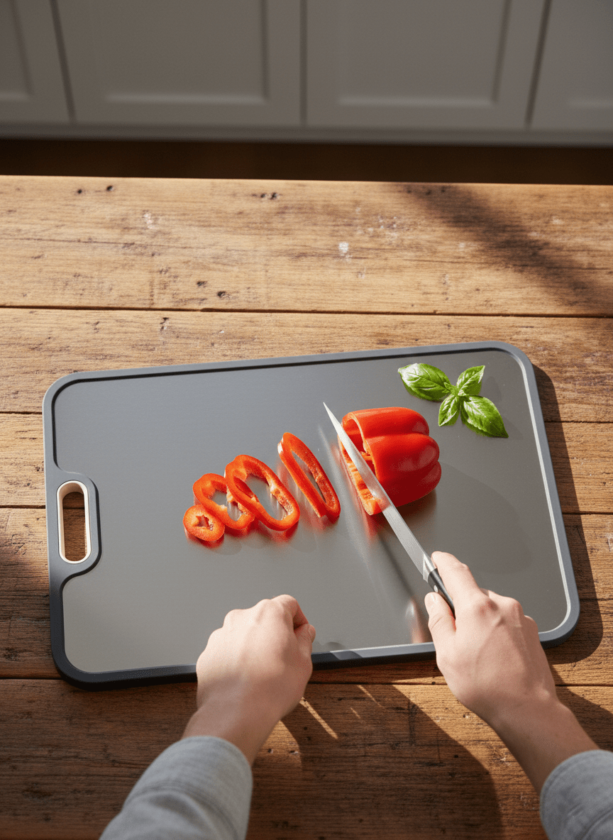 Titanium cutting board with double-sided design, featuring a hygienic non-porous surface ideal for cutting meats and vegetables, measuring 39 x  4