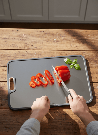 Titanium cutting board with double-sided design, featuring a hygienic non-porous surface ideal for cutting meats and vegetables, measuring 39 x  4