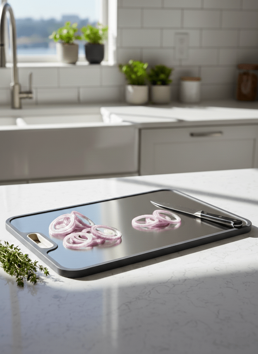Titanium cutting board with double-sided design, featuring a hygienic non-porous surface ideal for cutting meats and vegetables, measuring 39 x  5