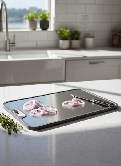 Titanium cutting board with double-sided design, featuring a hygienic non-porous surface ideal for cutting meats and vegetables, measuring 39 x  5