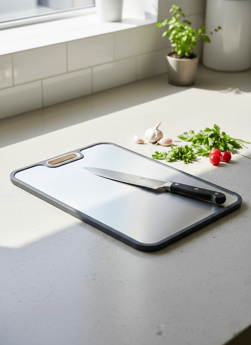 Titanium cutting board with double-sided design, featuring a hygienic non-porous surface ideal for cutting meats and vegetables, measuring 39 x  6